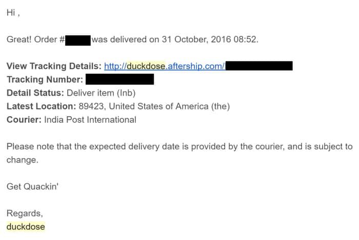 An email from Duck Dose confirming delivery