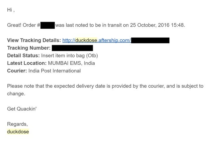 An order update email from DuckDose